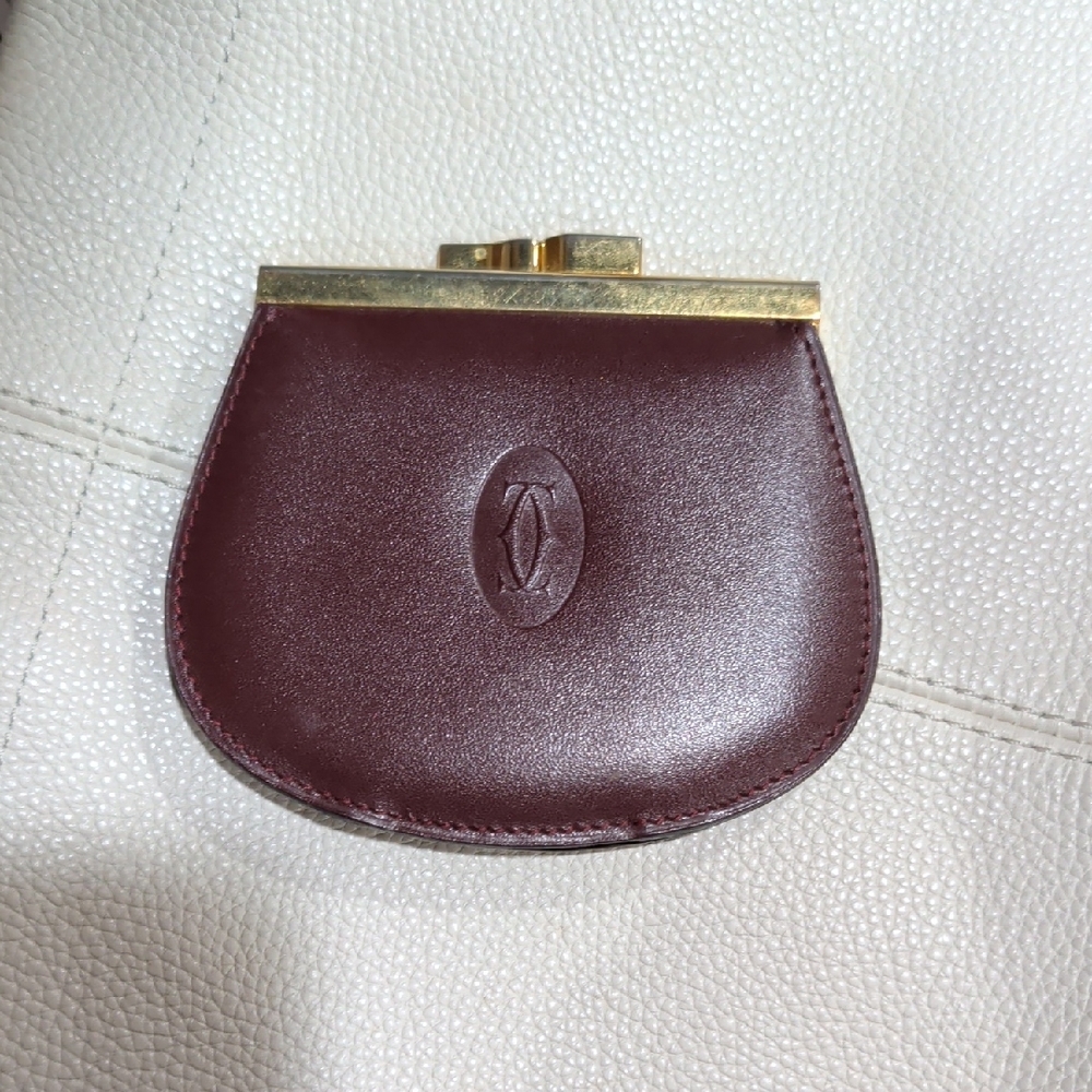 Cartier Maroon Leather Coin Purse with Gold Hardware